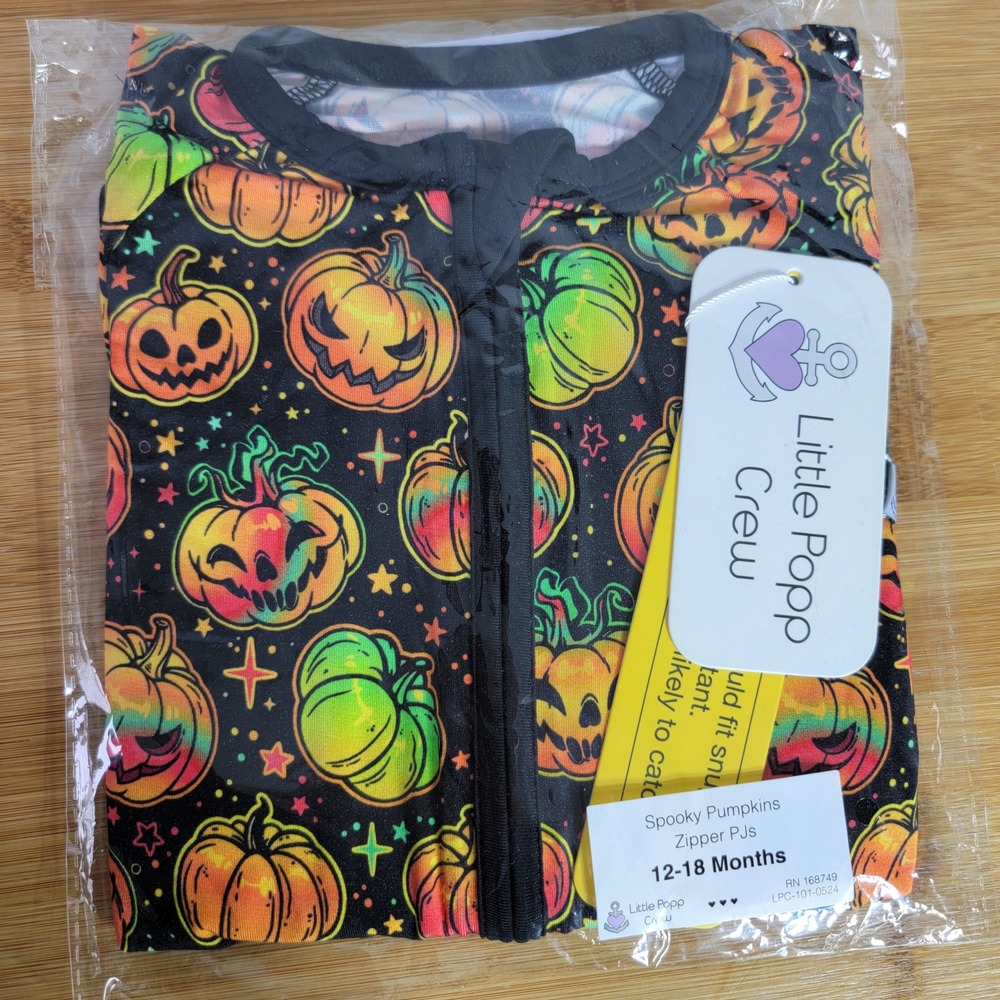 Little Popp Crew‎ Bamboo Spooky Pumpkins Zipper PJs 12-18M Halloween Black NEW